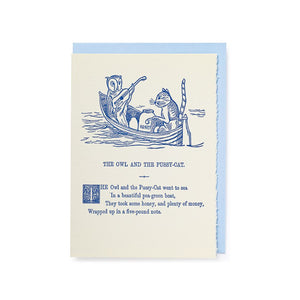 Card with illustration of an owl and a cat in a boat, accompanied by text.
