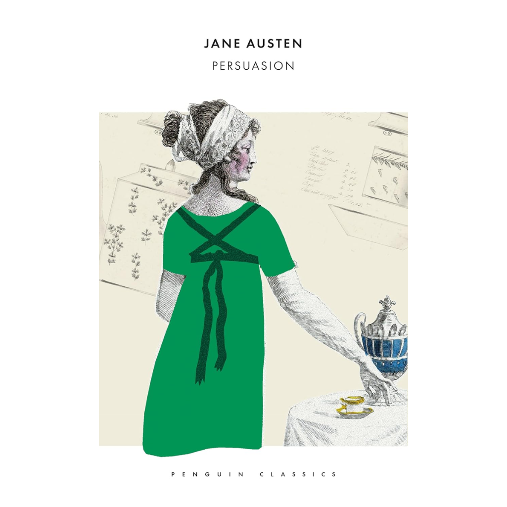 Book cover of 'Persuasion' by Jane Austen featuring a woman in a green dress with a white headscarf.