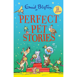 Book cover of 'Perfect Pet Stories' by Enid Blyton with colorful illustrations of pets on a blue background.