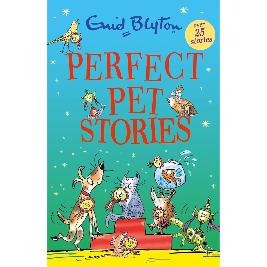 Book cover of 'Perfect Pet Stories' by Enid Blyton with colorful illustrations of pets on a blue background.