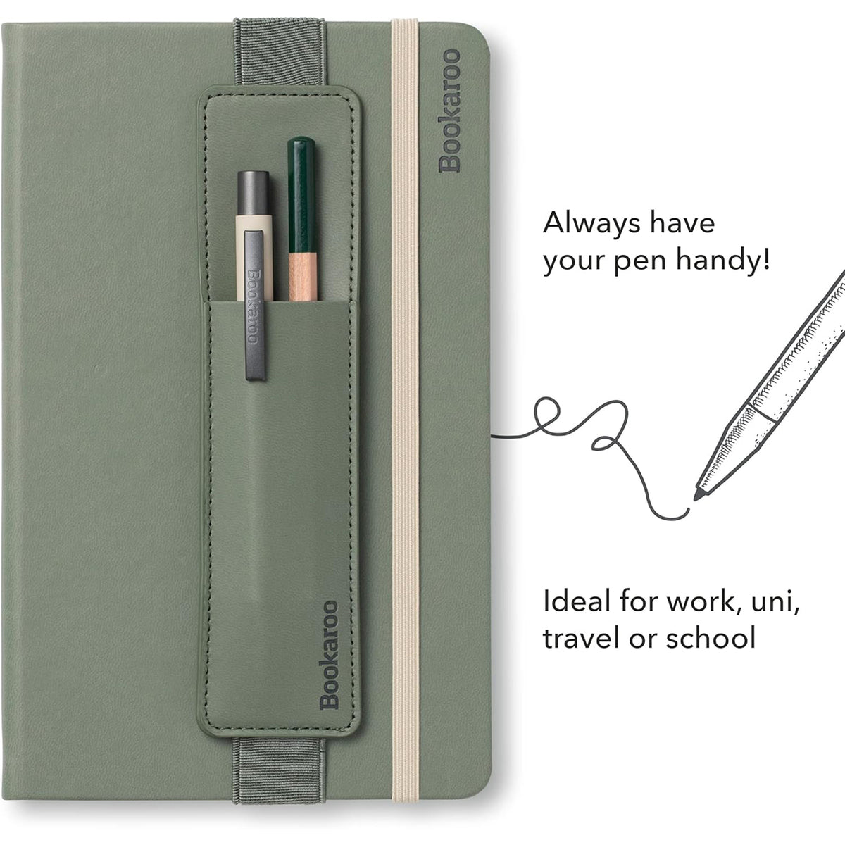 A fern green Bookaroo notebook with a pen pocket holding two pens, shown on a white background with promotional text and a pen illustration. The notebook has a beige elastic closure band and the brand name 'Bookaroo' printed vertically on the cover and pocket.