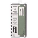 Bookaroo pen pouch for notebooks and journals, shown in its retail packaging. The fern green pouch is attached to a spiral notebook cover and features a pocket holding two pens.