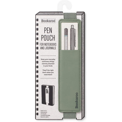 Bookaroo pen pouch for notebooks and journals, shown in its retail packaging. The fern green pouch is attached to a spiral notebook cover and features a pocket holding two pens.