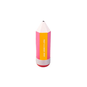 Pink and yellow pencil-shaped stress ball on a white background