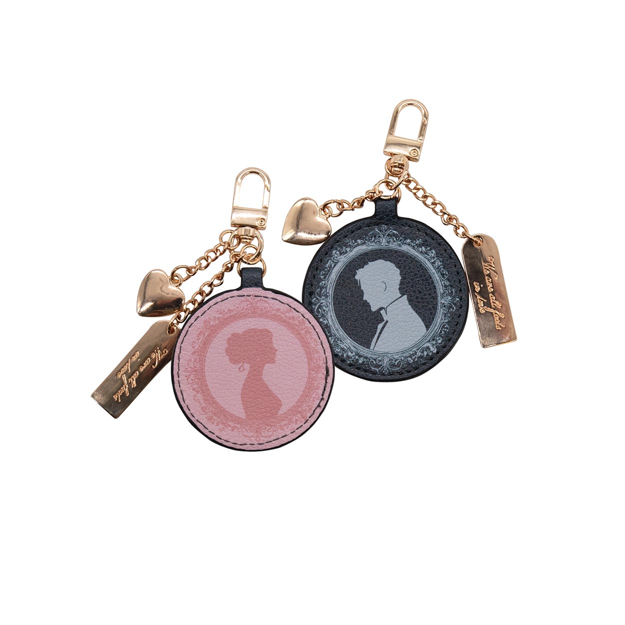 Pride and Prejudice Bag Charm, showing both sides of the design