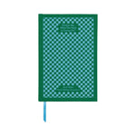 Green notebook with a checkered pattern on a white background