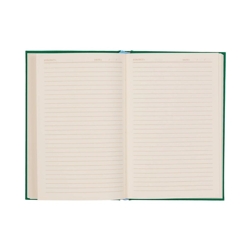 Open notebook with lined pages on a white background