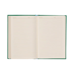 Open notebook with lined pages on a white background
