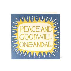 Card with 'Peace and Goodwill to All' text on a blue background