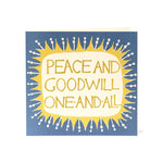 Card with 'Peace and Goodwill to All' text on a blue background