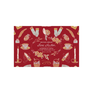 Red soap packaging with Jane Austen-themed illustrations on a white background