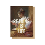Greeting card with a classical painting of a woman reading and 'READING IS LIFE' text.