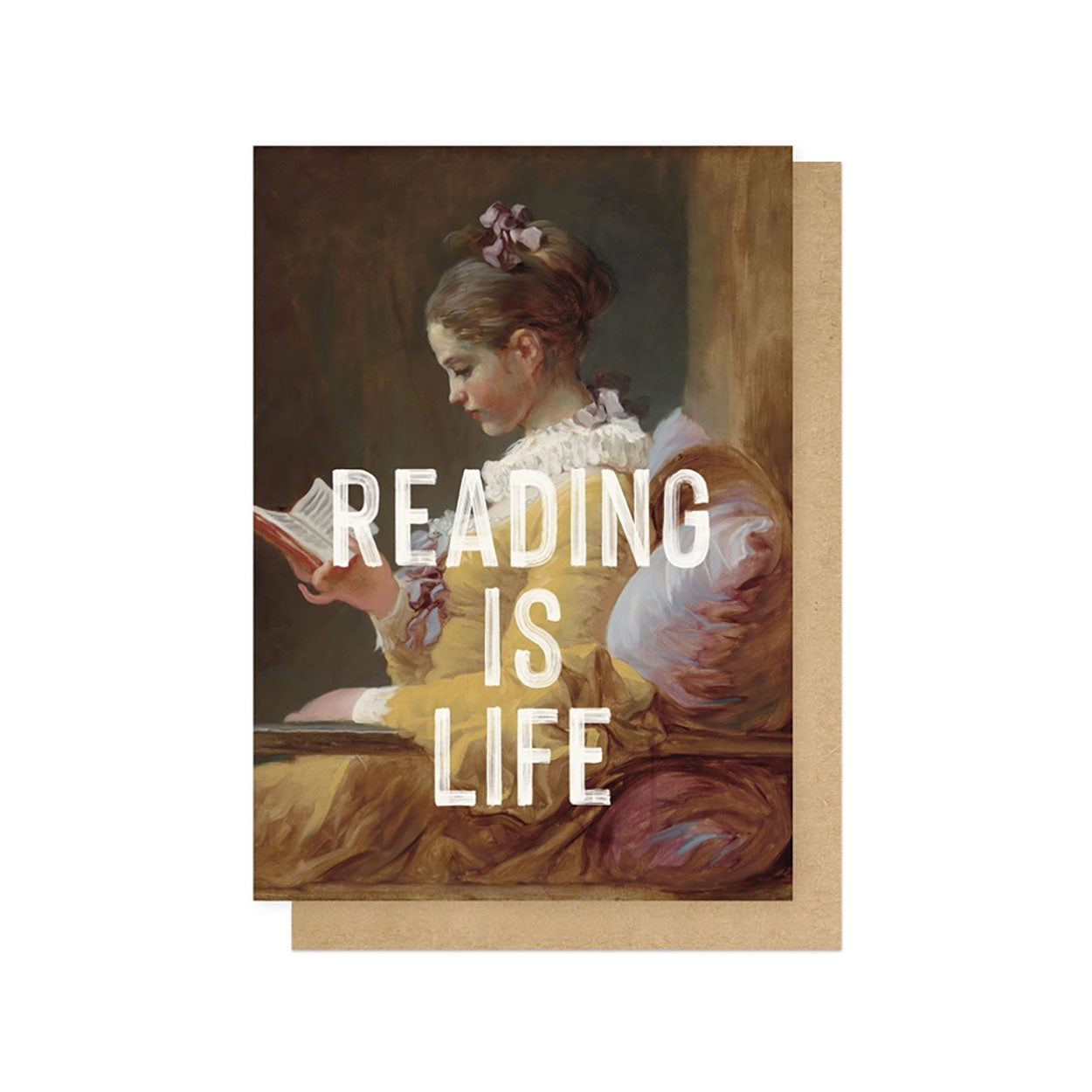 Greeting card with a classical painting of a woman reading and 'READING IS LIFE' text.