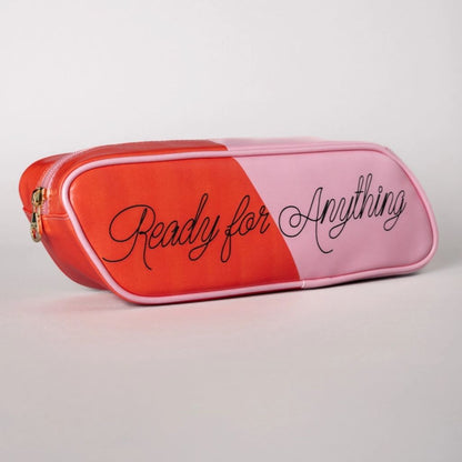 Pink and red pencil case with 'Ready for Anything' text on a light gray background