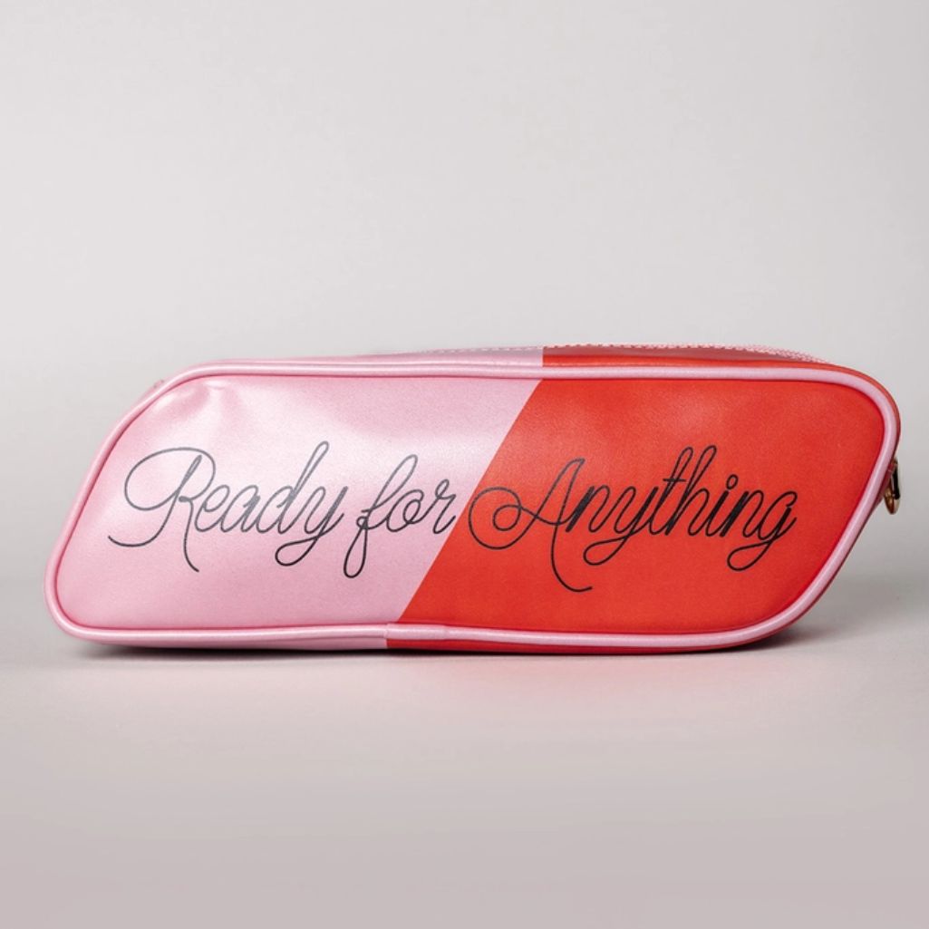 Pink and red pencil case with 'Ready for Anything' text on a gray background