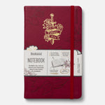 Red notebook with gold design and Bookaroo branding on a white background