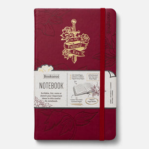 Red notebook with gold design and Bookaroo branding on a white background