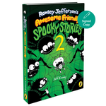 Rowley Jefferson's Awesome Friend! Spooky Stories 2 book cover shown at an angle, featuring a green spiderweb background with cartoon black spiders and a small white spider. A teal circular badge in the top right says 'Signed Copy'.