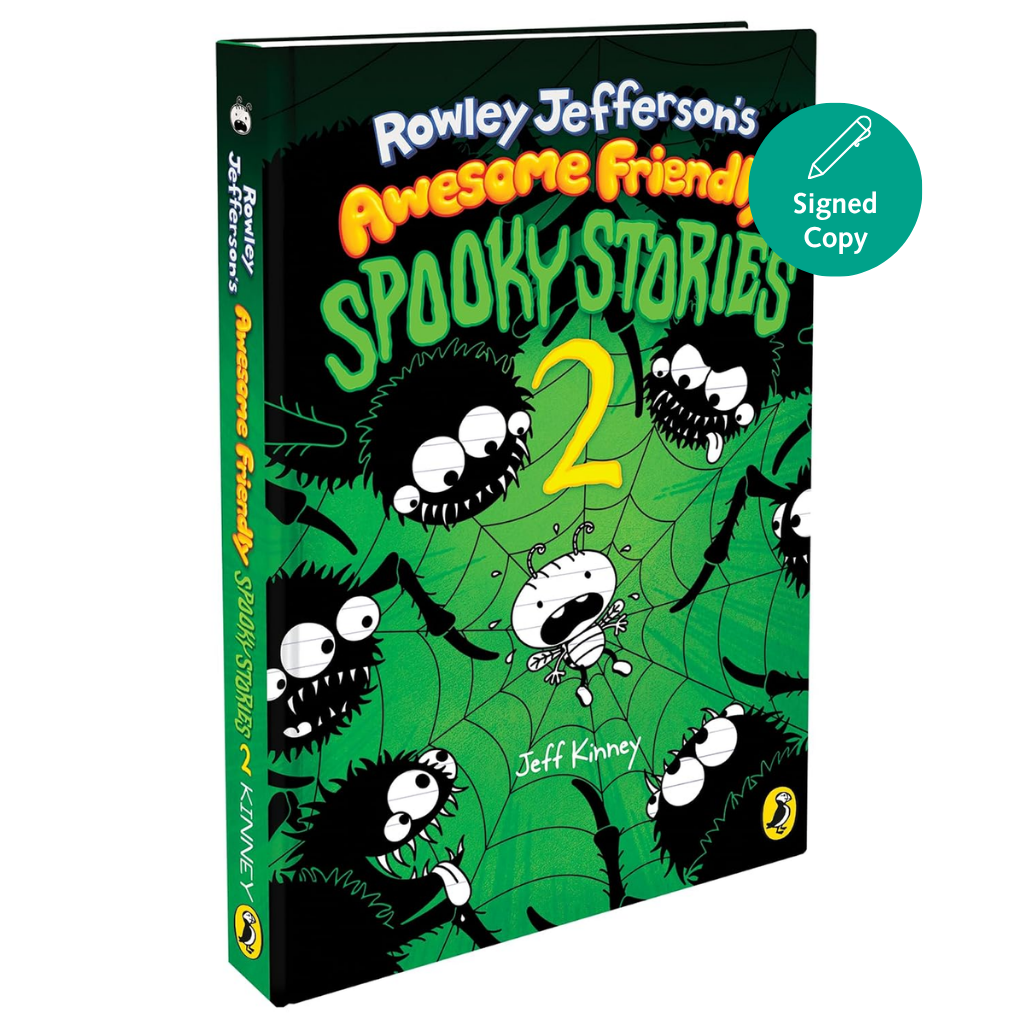 Rowley Jefferson's Awesome Friend! Spooky Stories 2 book cover shown at an angle, featuring a green spiderweb background with cartoon black spiders and a small white spider. A teal circular badge in the top right says 'Signed Copy'.