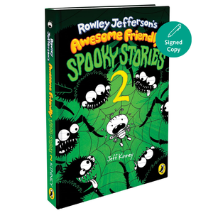 Rowley Jefferson's Awesome Friend! Spooky Stories 2 book cover shown at an angle, featuring a green spiderweb background with cartoon black spiders and a small white spider. A teal circular badge in the top right says 'Signed Copy'.