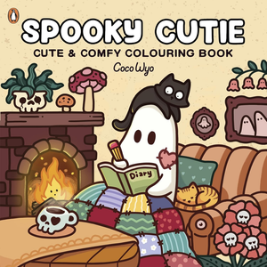 Cover of 'Spooky Cutie' coloring book by Coco Wyo with a ghost character reading a diary in a cozy room.