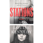 Two book covers stacked vertically on a white background: the top cover for 'STATIONS' by Louise Eichricht with large coral-red title text over a grayscale photo, and the bottom cover for 'LOUISE KENNEDY' by Bloomsbury with white title text over a grayscale portrait.