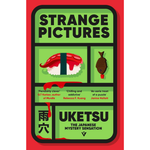 Book cover for 'Strange Pictures' by Uketsu, featuring a bright green and black grid design with illustrations of sushi and a fish, set against a red background.