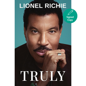Book cover featuring Lionel Richie with 'Truly' and 'Signed Copy' text on a teal background