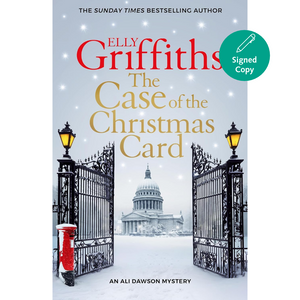 Book cover for 'The Case of the Christmas Card' by Elly Griffiths, featuring a snowy winter scene with open iron gates, a red postbox, and a domed building in the distance. The title is in large red and gold lettering, with a teal 'Signed Copy' badge in the top right.