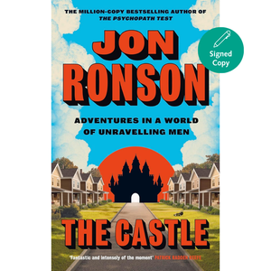 Book cover for 'The Castle' by Jon Ronson, featuring a bright blue sky with white clouds, a row of houses on both sides, and a large red-orange castle silhouette at the end of a straight path. A green 'Signed Copy' badge appears in the top right corner.