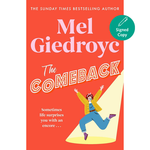 Book cover for Mel Giedroyc's 'The Comeback' with a bright coral-red background, large white title text, a teal 'Signed Copy' badge, and an illustration of a person jumping on a stage spotlight.