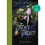 The front cover of the graphic novel 'The Dream Thieves' by Maggie Stiefvater, featuring an illustrated portrait of a man in a black suit against a dark background with gold foliage. A bright green spine band is visible on the left, and a teal circular badge in the top right says 'Signed Copy'.