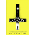 The Exorcist hardback book cover by William Peter Blatty, featuring a bright yellow background with a large black cross graphic and a glowing streetlamp illustration.
