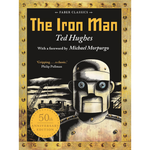 The Iron Man 50th Anniversary Edition book cover by Faber Classics, featuring a metallic robot head and shoulders against a dark industrial background with a gold-toned riveted border.