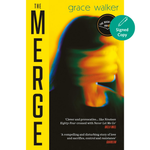 Book cover of 'The Merge' by Grace Walker, featuring a bright yellow background with a large black vertical title, a stylized blurred face in yellow, black, and orange tones, a black 'The Book Club' badge, and a teal 'Signed Copy' sticker.