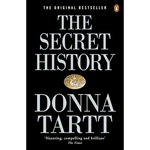 Book cover of 'The Secret History' by Donna Tartt, featuring a black background with large white serif title text, a small gold coin illustration, and the Penguin logo at the top right.