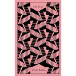 The Trial book cover by Franz Kafka, featuring a pink background with a black and pink geometric staircase pattern and black text.