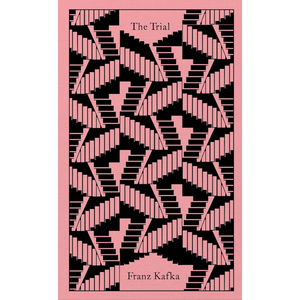 The Trial book cover by Franz Kafka, featuring a pink background with a black and pink geometric staircase pattern and black text.