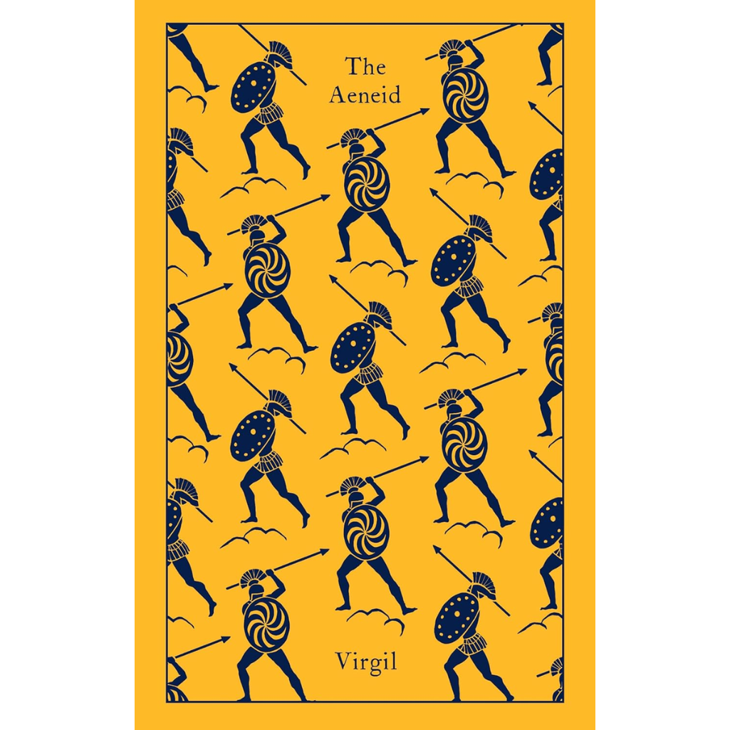 Book cover of 'The Aeneid' by Virgil with warrior illustrations on a yellow background