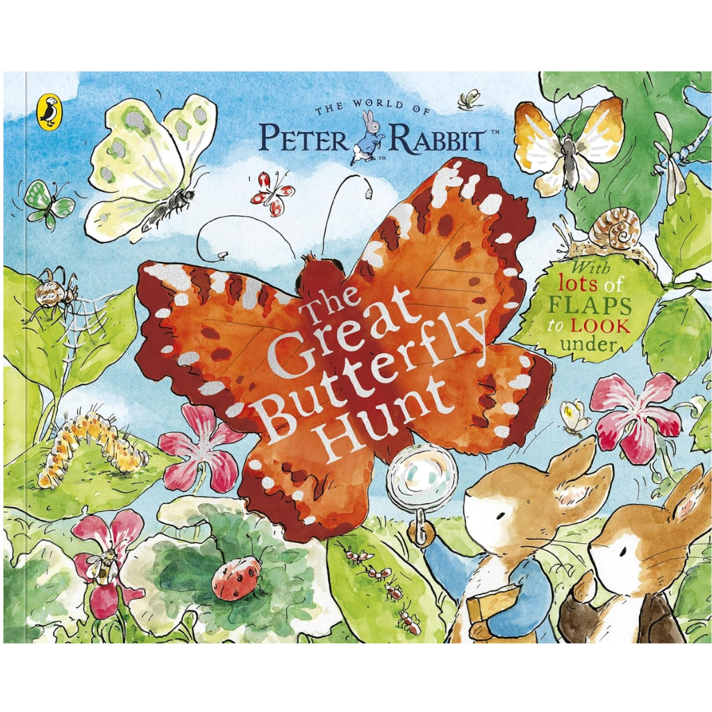 Front cover of the children's book 'The Great Butterfly Hunt' from 'The World of Peter Rabbit'. The illustration features a large orange butterfly in the center, with Peter Rabbit holding a magnifying glass and other rabbits surrounded by colorful flowers, insects, and green leaves under a blue sky.