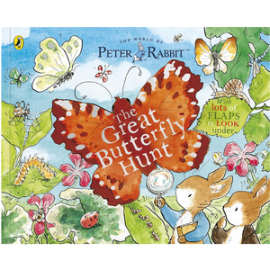 Front cover of the children's book 'The Great Butterfly Hunt' from 'The World of Peter Rabbit'. The illustration features a large orange butterfly in the center, with Peter Rabbit holding a magnifying glass and other rabbits surrounded by colorful flowers, insects, and green leaves under a blue sky.