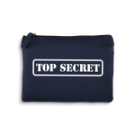 Navy blue pouch with 'TOP SECRET' text on a white background