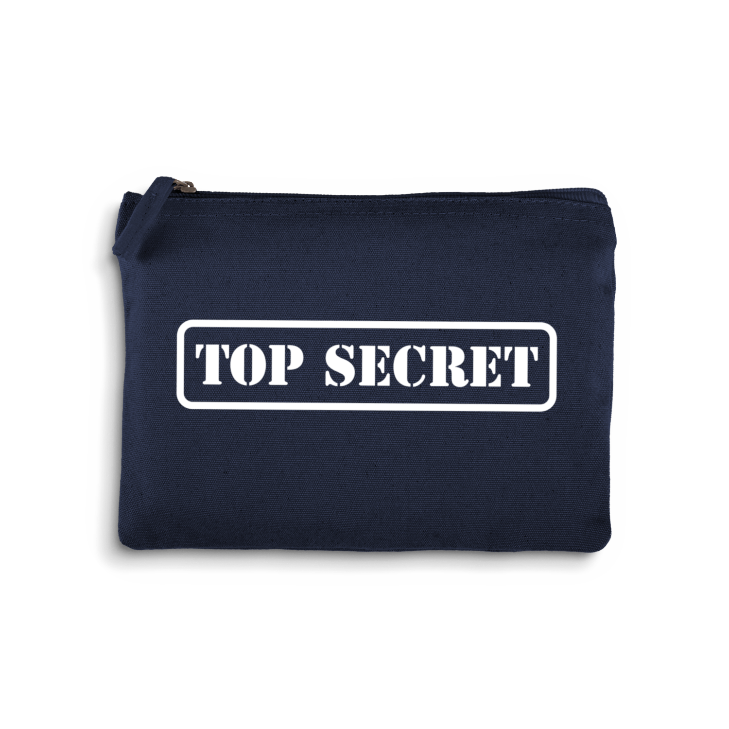 Navy blue pouch with 'TOP SECRET' text on a white background