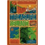 The front cover of the book 'Treasure Island' by Robert Louis Stevenson, illustrated by Minalima. The cover features a vintage-style illustration with a warm orange-brown border and multiple panels depicting a ship, a treasure chest, a map, and a jungle scene, all in a muted teal, green, and blue palette.