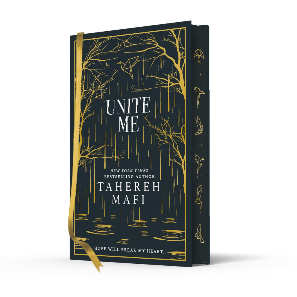 Book cover of 'Unite Me' by Tahereh Mafi with gold accents on a black background