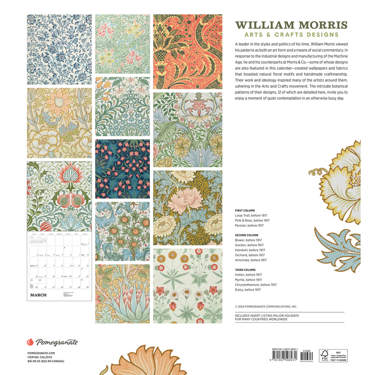 William Morris 2025 Wall Calendar back cover