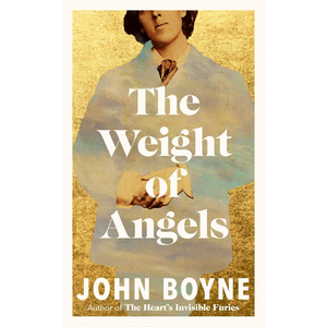 Book cover for 'The Weight of Angels' by John Boyne, featuring a sepia-toned portrait of a young man overlaid with a soft blue sky and clouds, with large white title text and the author name at the bottom.