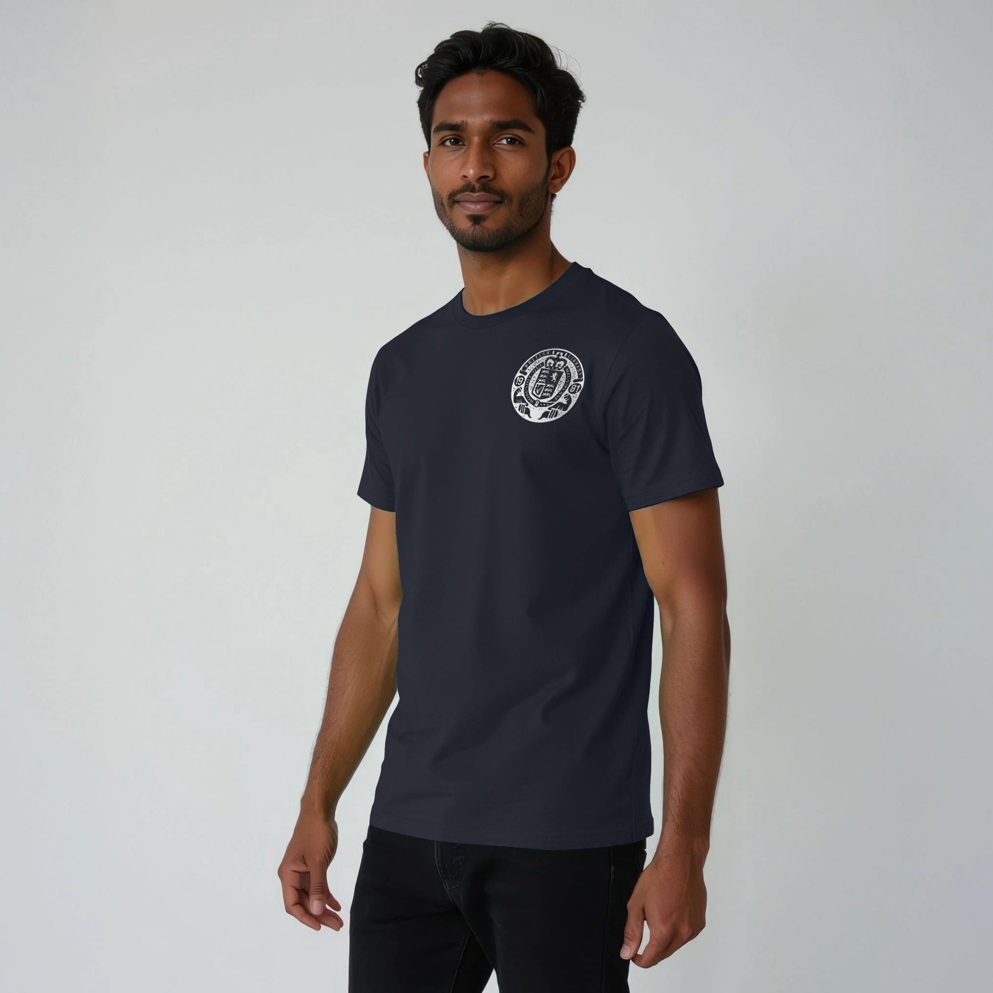 White Stamp on Navy T-shirt Lifestyle