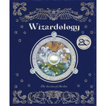 The front cover of the book 'Wizardology: The Secrets of Merlin' featuring a dark blue background with silver-toned ornate illustrations of an eagle, stars, and animals, plus a central circular illustration of Merlin and a glowing gem.