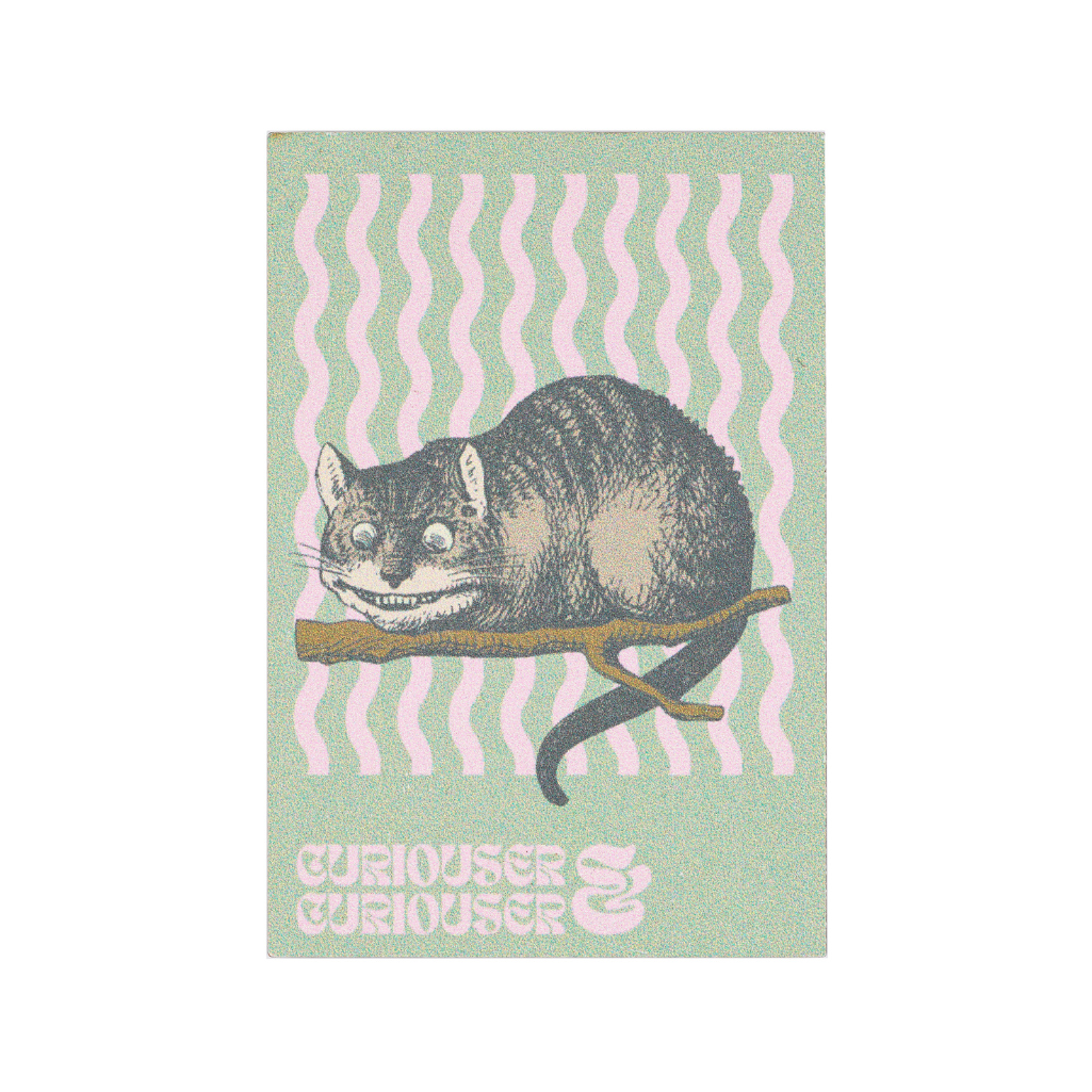 sustainable HDF wooden magnet of The British Library Alice's Adventures Underground Cheshire Cat, with Curiouser and Curiouser text